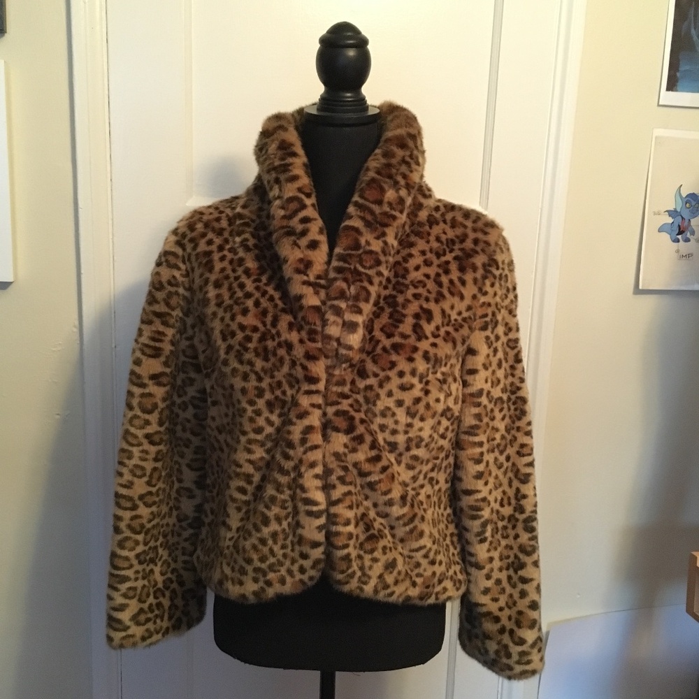 Lucky Brand Cropped Leopard Print Faux Fur Coat